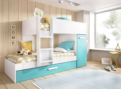 Composizione camera da letto Eiger, Stanza da letto completa, Cameretta per bambini, Set per arredo a ponte, 244x112 h150 cm, Azzurro e Bianco