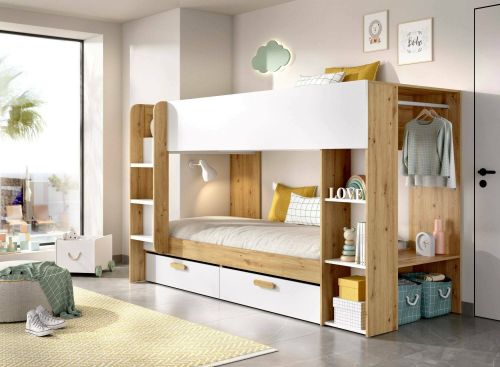 Composizione camera da letto Fennera, Stanza da letto completa, Cameretta per bambini, Set per arredo a ponte, 245x110 h150 cm, Bianco e Rovere Nodi