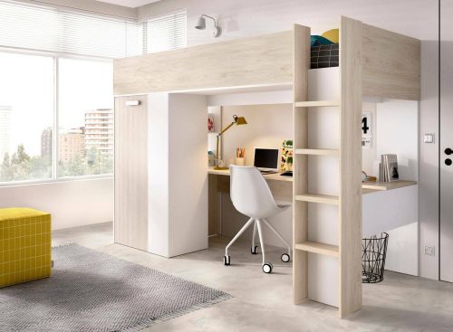 Composizione camera da letto Focoletta, Stanza da letto completa, Cameretta per bambini, Set per arredo a ponte, 206x111 h178 cm, Bianco e Rovere