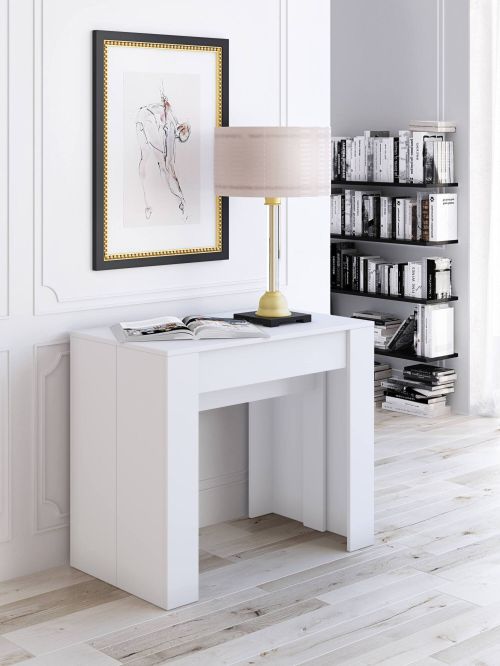 Consolle allungabile Maclodio, trasformabile in tavolo da pranzo, salvaspazio ed estensibile fino a 237 cm, 90-237x76,6x90 cm, Bianco