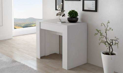 Consolle allungabile Mairano, trasformabile in tavolo da pranzo, salvaspazio ed estensibile fino a 237 cm, 90-237x76,6x90 cm, Bianco
