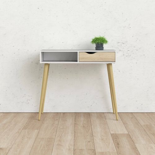 Consolle Annabelle, Tavolo multiuso, Mobiletto d'appoggio, Scrivania da corridoio, 103x44 h90 cm, Bianco e Quercia