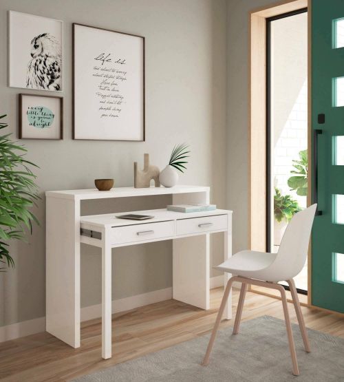Consolle Billings, Scrivania con piano estensibile, Scrittoio porta PC con 2 cassetti, 99x36h88 cm, Bianco