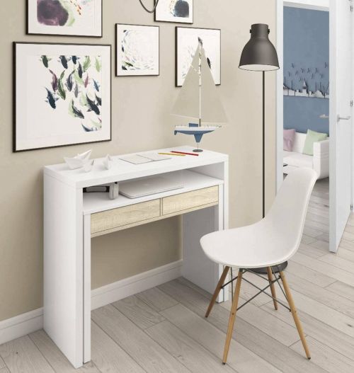 Consolle Billings, Scrivania con piano estensibile, Scrittoio porta PC con 2 cassetti, 99x36h88 cm, Bianco e Rovere