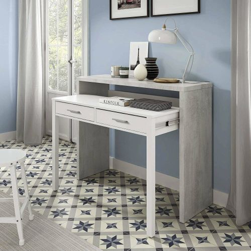 Consolle Billings, Scrivania con piano estensibile, Scrittoio porta PC con 2 cassetti, 99x36h88 cm, Cemento e Bianco