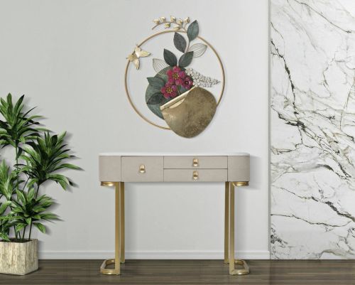 Consolle Bolzano, Tavolo multiuso, Mobiletto d'appoggio, Scrivania da corridoio, Crema e Oro, 100x40 h80 cm