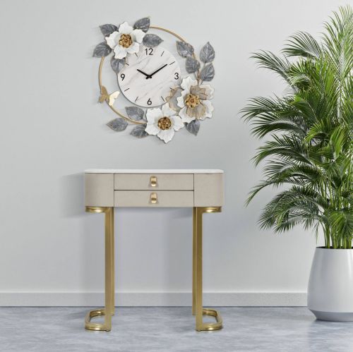 Consolle Bolzano, Tavolo multiuso, Mobiletto d'appoggio, Scrivania da corridoio, Crema e Oro, 70x40 h80 cm