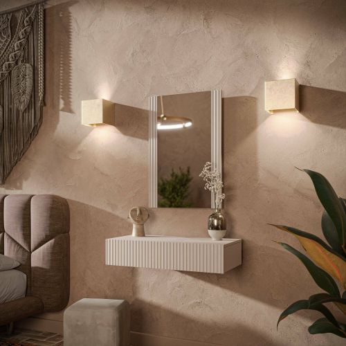 Consolle Fafe, Entratina sospesa con specchio, Design moderno con effetto cannettato, 80x42 h97 cm, Beige