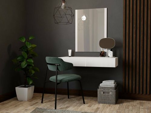 Consolle Fafe, Entratina sospesa con specchio, Design moderno con effetto cannettato, 80x42 h97 cm, Bianco