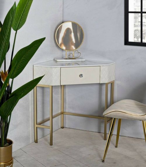 Consolle Juruena, Tavolo multiuso, Mobiletto d'appoggio, Scrivania da corridoio, 85x60 h77 cm, Bianco e Oro