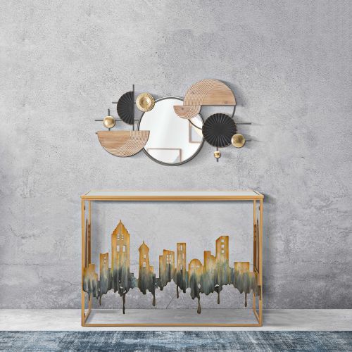 Consolle oro Grigio un Ripiano Piano con Profilo di Città 110x39x81h cm, Materiale Struttura in Vetro - Elda