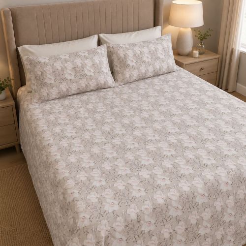 Copripiumino Matrimoniale Bianco Naturale Rosa Antico Federa Inclusa Percalle 210 Fili in Cotone Pettinato e Mercerizzato 300x250 cm - Sagame Luxury