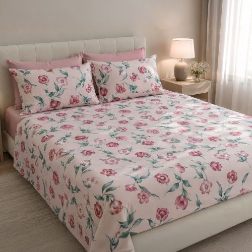 Copripiumino Matrimoniale Rosa Federa Inclusa 300x250 cm, Percalle 210 Fili in Cotone Pettinato e Mercerizzato - Rozareli Luxury