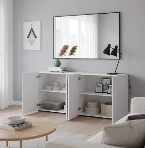Credenza Addis, Buffet da soggiorno, Madia da salotto, Dispensa da cucina, Made in Italy, 180x38h79 cm, Bianco lucido
