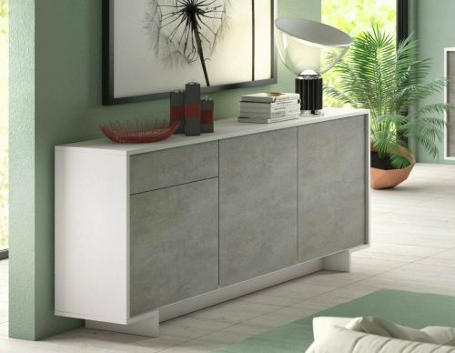Credenza Agrifoglio, Madia da salotto,Buffet da soggiorno a 3 ante e 1 cassetto, 100% Made in Italy, 170x42h78 cm, Bianco e Cemento