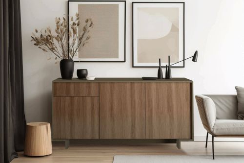 Credenza Agrifoglio, Madia da salotto, Buffet da soggiorno a 3 ante e 1 cassetto, 100% Made in Italy, 170x42h78 cm, Marrone e Noce