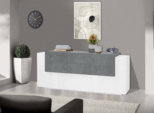 Credenza Akirum, cm 220x45h86, Bianco lucido e Ardesia