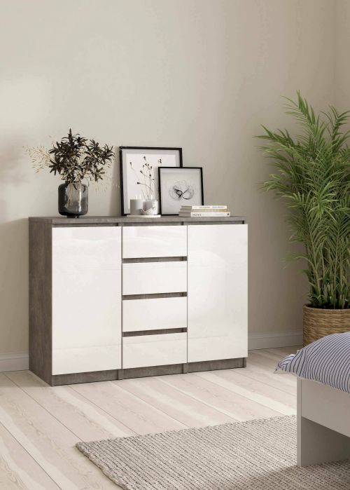 Credenza Alix, Buffet da soggiorno, Madia da salotto, Dispensa da cucina, 50x121 h91 cm, Cemento e Bianco