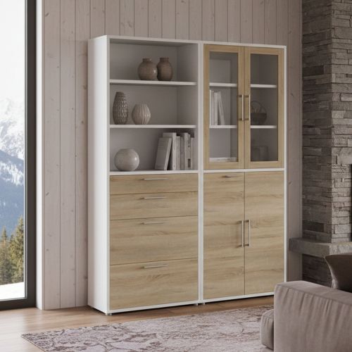 Credenza alta bianca e quercia 178x40x221h cm 4 ante e 4 cassetti - Embabane