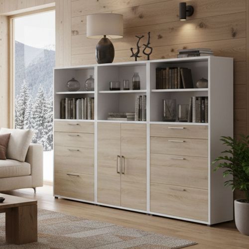 Credenza alta bianca e quercia 267x40x185h cm 2 ante e 8 cassetti - Vinovo