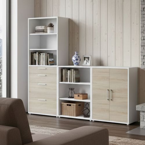 Credenza alta bianca e quercia 267x40x221h cm 2 ante e 4 cassetti - Acceglio