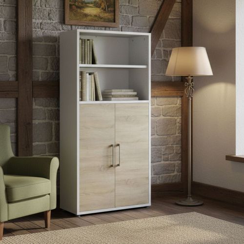 Credenza alta bianca e quercia 89x40x186h cm 2 ante - Saotome