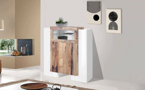 Credenza alta bianco lucida e acero 130x45x135h cm 5 ante - Acquadolce