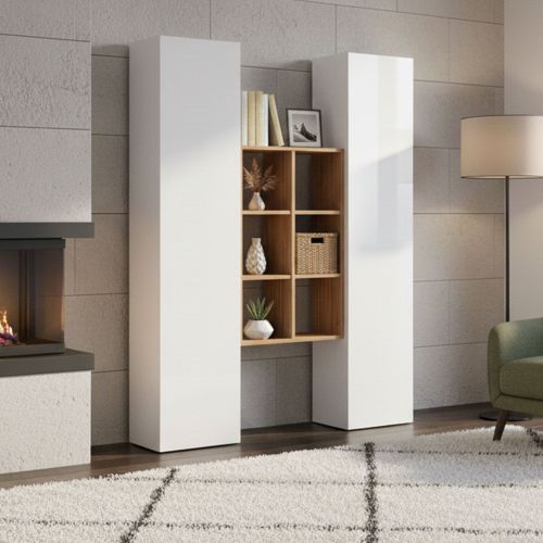 Credenza alta bianco lucida e acero 40x30x180h cm 2 ante - Danila