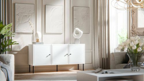 Credenza Amadora, Madia da salotto con tre ante battenti, Rialzata da terra, 151x40 h75 cm, Bianco