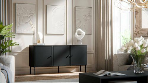 Credenza Amadora, Madia da salotto con tre ante battenti, Rialzata da terra, 151x40 h75 cm, Nero
