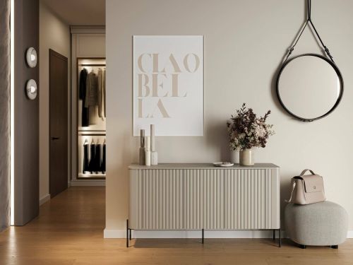 Credenza Amora, Madia da salotto con tre ante battenti, Rialzata da terra, 150x40 h80 cm, Beige