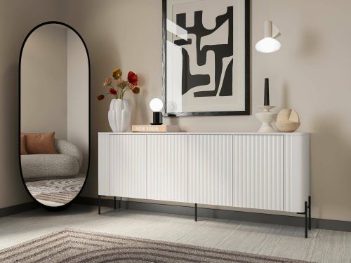 Credenza Anadia, Madia da salotto con quattro ante battenti, Rialzata da terra, 190x40 h80 cm, Bianco