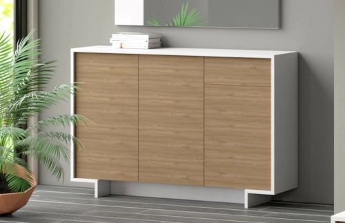 Credenza Aneto, Madia da salotto, Buffet da soggiorno a 3 ante e 1 cassetto, 100% Made in Italy, 134x35h87 cm, Bianco e Rovere