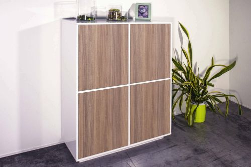 Credenza Ara, cm 100x41h126, Bianco lucido e Noce