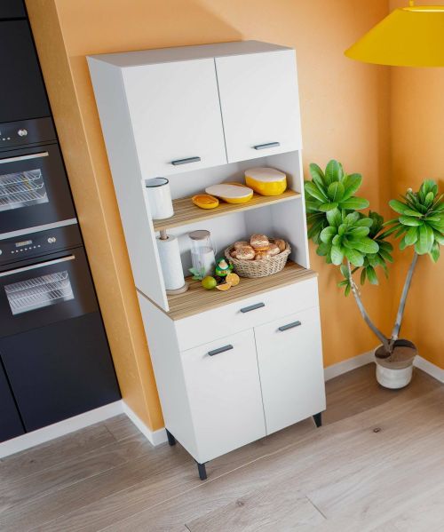 Credenza Artesian, Buffet da soggiorno, Madia da salotto, Dispensa da cucina, 72x40 h185 cm, Bianco e Rovere