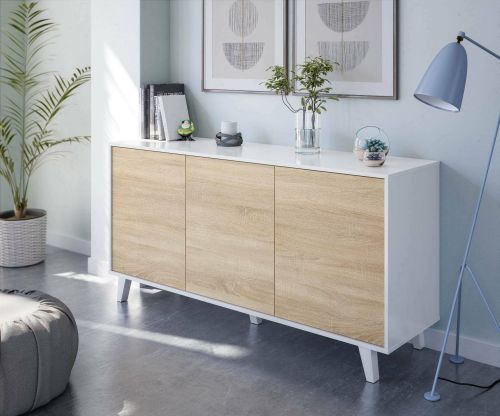Credenza Arvada, Madia moderna a 3 ante e ripiani, Buffet da cucina, Buffet di design da soggiorno, 154x40h75 cm, Bianco e Rovere