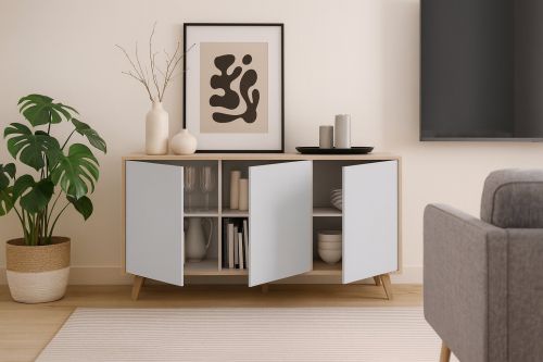 Credenza Arvada, Madia moderna a 3 ante e ripiani, Buffet da cucina, Buffet di design da soggiorno, 154x40h75 cm, Rovere e Bianco