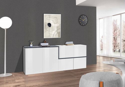 Credenza Asaba, cm 210x40h80, Bianco lucido e Ardesia
