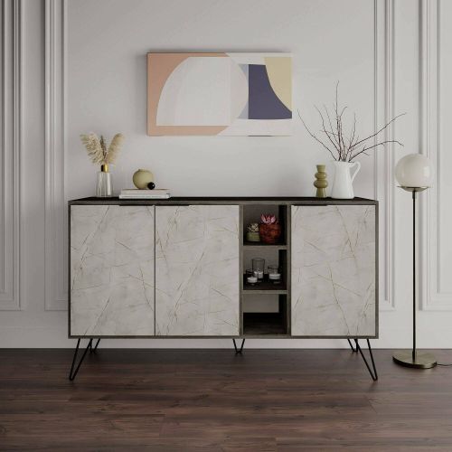 Credenza Ashlesha, Buffet da soggiorno, Madia da salotto, Dispensa da cucina, 142x36 h83 cm, Marrone e Marmo