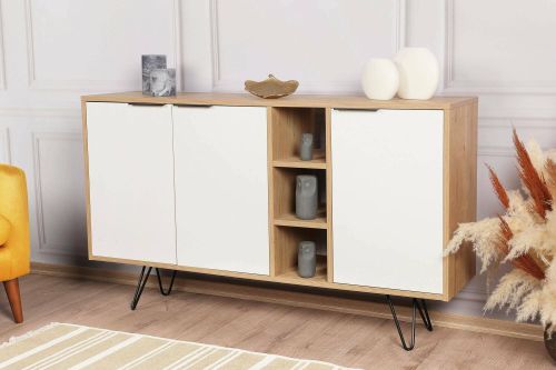 Credenza Ashlesha, Buffet da soggiorno, Madia da salotto, Dispensa da cucina, 142x36 h83 cm, Quercia e Bianco