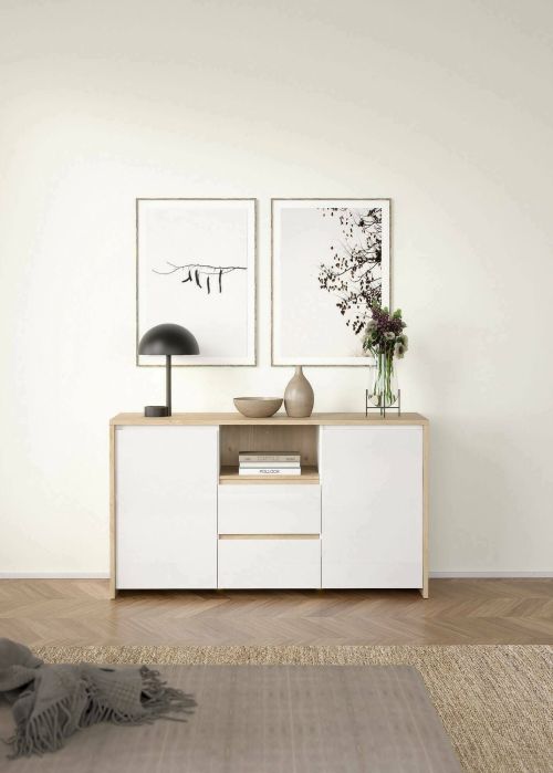 Credenza Audrey, Buffet da soggiorno, Madia da salotto, Dispensa da cucina, 48x149 h84 cm, Rovere e Bianco