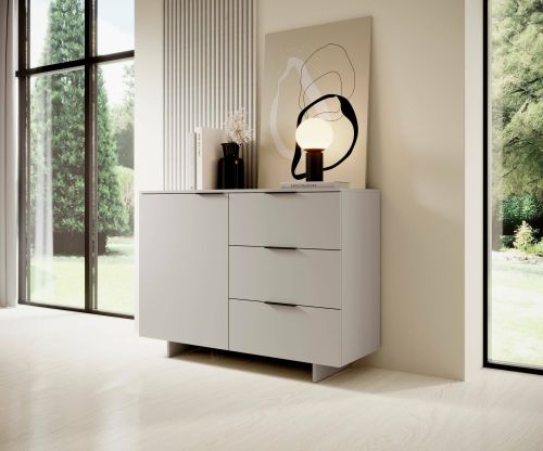 Credenza Aveiro, Madia da salotto con un'anta battente e tre cassetti, Rialzato da terra, 120x42 h90 cm, Beige