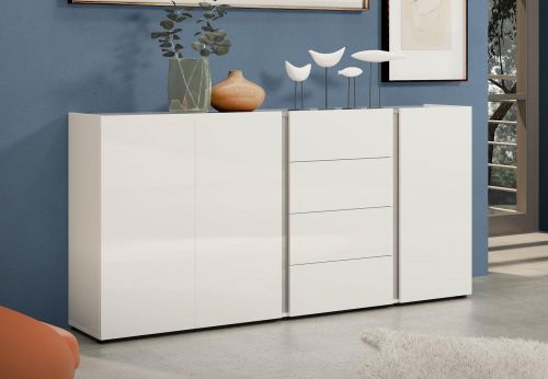 Credenza Banjul, Buffet da soggiorno, Madia da salotto, Dispensa da cucina, Made in Italy, 180x38h92 cm, Bianco lucido e Antracite