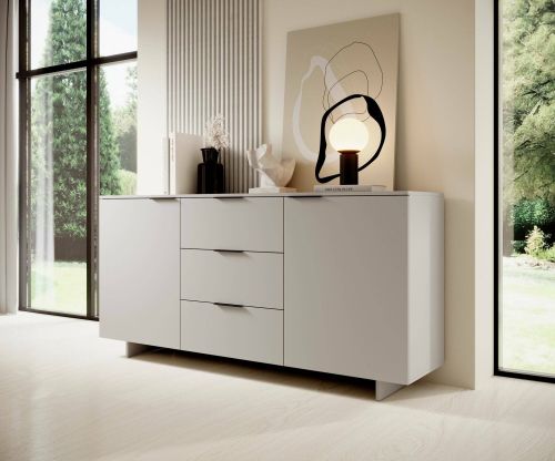 Credenza Barcelos, Madia da salotto con due ante battenti e tre cassetti, Rialzato da terra, 180x42 h90 cm, Beige