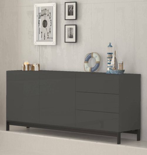 Credenza bassa antracite lucida 170x40x47h cm 2 ante e 3 cassetti - Alden