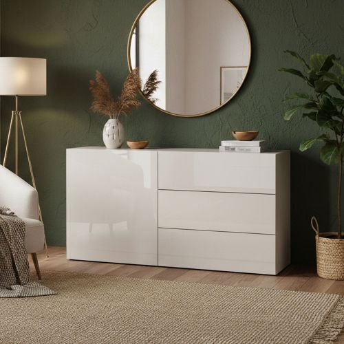 Credenza bassa bianco lucida 110x40x35h cm 1 anta e 3 cassetti - Benvenuta