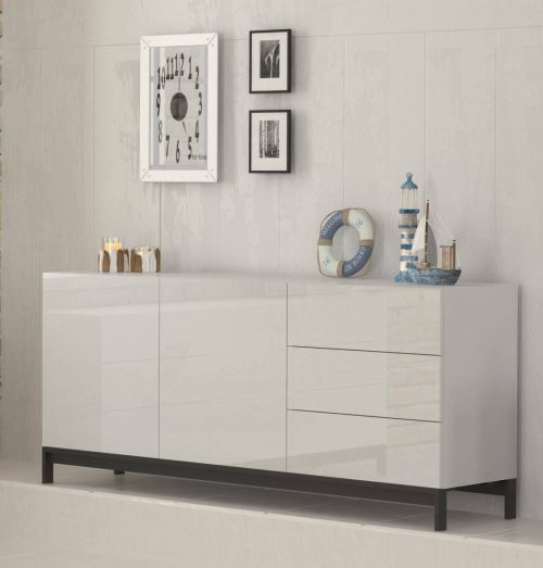 Credenza bassa bianco lucida 170x40x47h cm 2 ante e 3 cassetti - Alden
