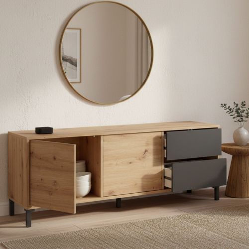 Credenza bassa rovere nodi e antracite 130x41x47h cm 2 ante e 2 cassetti - Anora
