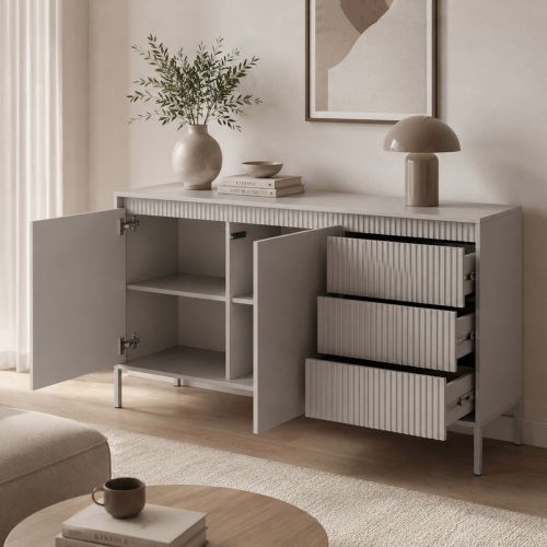 Credenza Beige 3 Cassetti 2 Ripiani 154x40x81h cm, Apertura Battente, Scorrevole - Hatomo