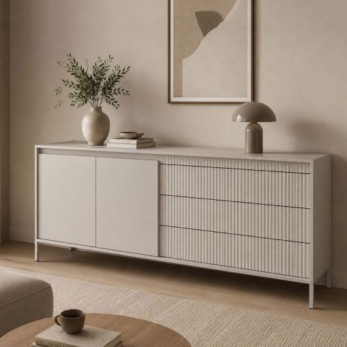 Credenza Beige 3 Cassetti 2 Ripiani 187x40x81h cm, Apertura Battente, Scorrevole - Hatone